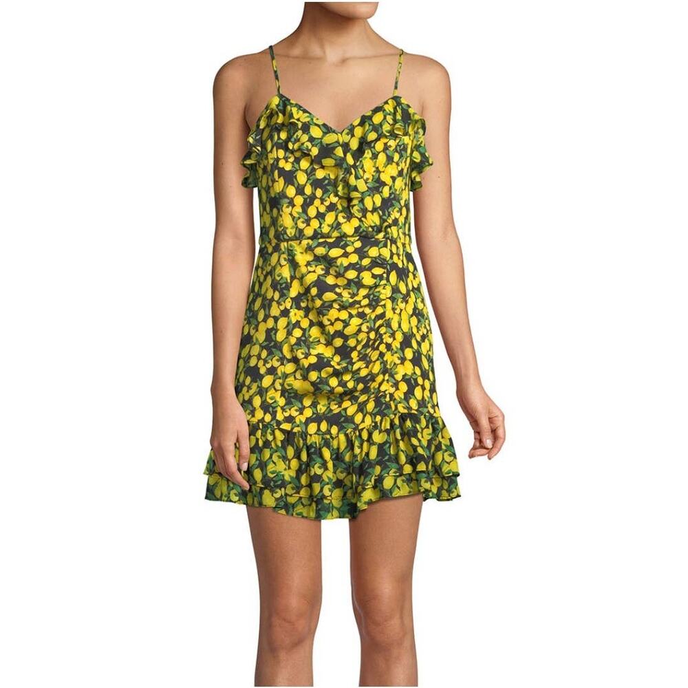 Parker Lemon Print Ruched Mini Dress‎ Size 2 Yellow Summer Bright Preppy